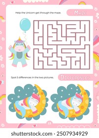 Activity Pages for Kids. Printable Activity Sheet with Unicorn Activities – maze, spot 5 differences. Vector illustration.