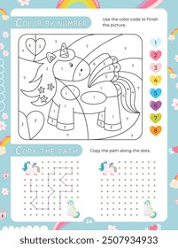 Activity Pages for Kids. Printable Activity Sheet with Unicorn Activities – color by number, copy the path. Vector illustration.