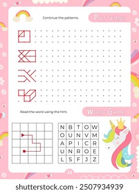 Activity Pages for Kids. Printable Activity Sheet with Unicorn Activities – continue pattern, word game. Vector illustration.