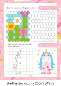 Activity Pages for Kids. Printable Activity Sheet with Unicorn Activities – coloring, drawing. Vector illustration.