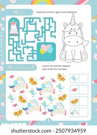 Activity Pages for Kids. Printable Activity Sheet with Unicorn Activities – maze, how many. Vector illustration.