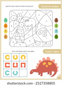 Activity Pages for Kids. Printable Activity Sheet with Dinosaur Activities –  color by number, logic table. Vector illustration.