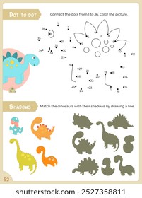 Activity Pages for Kids. Printable Activity Sheet with Dinosaur Activities – dot to dot, matching shadow game. Vector illustration.