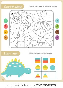 Activity Pages for Kids. Printable Activity Sheet with Dinosaur Activities –  color by number, logic table. Vector illustration.