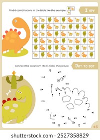 Activity Pages for Kids. Printable Activity Sheet with Dinosaur Activities – dot to dot, I spy game. Vector illustration.