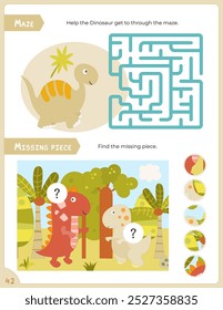 Activity Pages for Kids. Printable Activity Sheet with dinosaur Activities – maze game, find missing piece. Vector illustration.