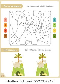 Activity Pages for Kids. Printable Activity Sheet with Dinosaur Activities –  color by number, spot 5 differences in pictures. Vector illustration.