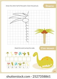 Activity Pages for Kids. Printable Activity Sheet with Dinosaur Activities –  finish the palm, code breaker. Vector illustration.