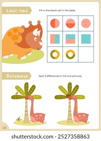 Páginas de actividad para niños. Hoja de actividad imprimible con actividades de dinosaurios: tabla lógica, diferencias de punto 5. Ilustración vectorial.