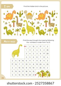 Páginas de atividade para crianças. Folha de atividades imprimível com atividades de dinossauro - labirinto de matemática, eu espiei. Ilustração vetorial.