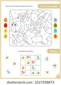 Activity Pages for Kids. Printable Activity Sheet with Dinosaur Activities –  color by number, sudoku game. Vector illustration.