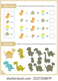 Activity Pages for Kids. Printable Activity Sheet with Dinosaurs Activities – math and matching games. Vector illustration.