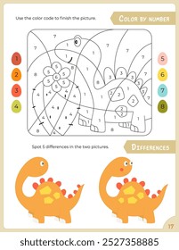Activity Pages for Kids. Printable Activity Sheet with Dinosaur Activities –  color by number, spot 5 differences in pictures. Vector illustration.