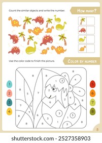 Activity Pages for Kids. Printable Activity Sheet with Dinosaur Activities –  color by number, how many game. Vector illustration.