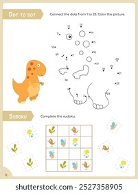 Activity Pages for Kids. Printable Activity Sheet with Dinosaur Activities – dot to dot, sudoku. Vector illustration.