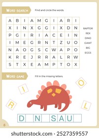 Activity Pages for Kids. Printable Activity Sheet with dinosaurs Activities – word search, missing letters. Vector illustration.