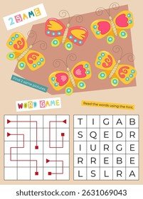 Páginas de atividade para crianças. Folha de atividades imprimível com Mini Jogos - Encontre as mesmas fotos, Leia as palavras. Ilustração vetorial.