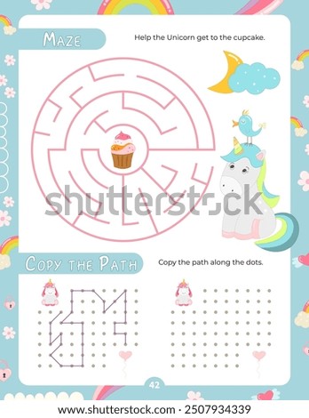 Activity Pages for Kids. Printable Activity Sheet with Unicorn Activities –  maze, copy the path. Vector illustration.