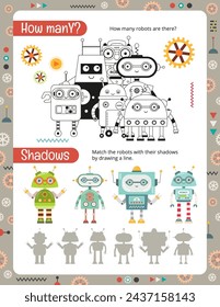 Activity Pages for Kids. Printable worksheet with Robots Activities – Matching game find shadow, how many. Vector illustration.