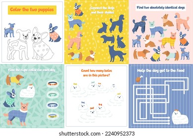 Páginas de actividad para preescolares. Juegos para niños. Corta y juega. Buscar sombra, comparar, colorear, coincidir. Un juego para los niños. Personajes de perros. Tarjetas educativas con colección de cachorros