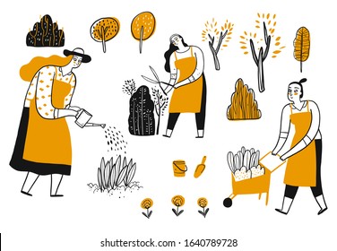 Activity of people in the gardening. Vector Illustration hand draw line art doodle style.