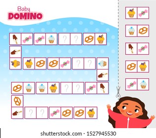 Activity for pre sсhool years kids and toddlers. Educational children game. Baby domino. Cartoon cute girl. 