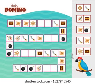 Activity for pre sсhool years kids and toddlers. Educational children game. Baby domino. Cartoon cute pirate parrot.