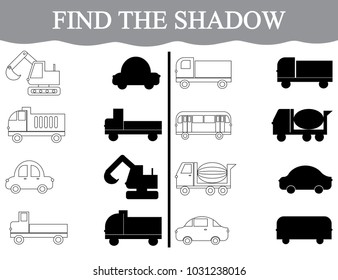 Activity for preschool children. Find the shadow and color the transport.