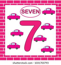 Activity for preschool children. Learning numbers. Educational card with number 7 (seven) with car. 