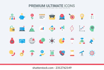Activity process and organization of corporate company growth, control goal solution and idea, assessment of trends sales funnel. Business strategy trendy flat icons set vector illustration