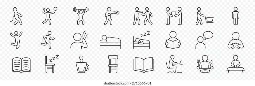 Conjunto de iconos de línea de actividad, lectura y rutina diaria: símbolos de esquema editables de ejercicio, sueño, libro, café y comer