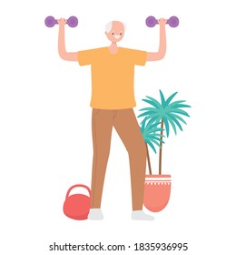 activity seniors, elderly man lifting dumbbells in the room vector illustration