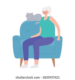 activity seniors, elderly woman sitting on chair with her cat vector illustration