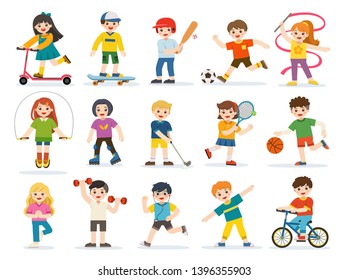 Activity set of Happy kids playing sportive and enjoying different sports exercises. Kids playing sport including basketball, athletic, tennis, bicycle, skate rolling etc.