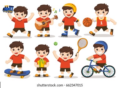 activity set of a kid: A cute boy playing with toys. Playing sport including basketball, athletic, tennis, bicycle, skate rolling. Playing guitar and singing happily. Holding present.