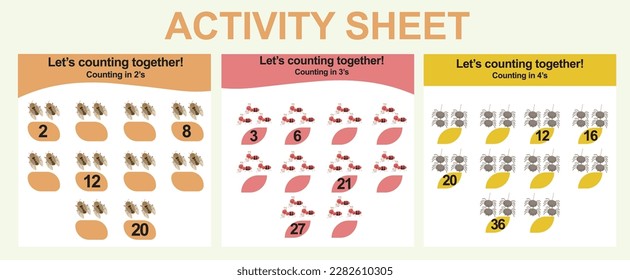 Activity sheet for children. 3 in 1 Educational printable worksheet. Count and write activity for kids. Vector illustrations.