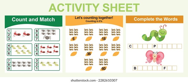 Activity sheet for children. 3 in 1 Educational printable worksheet. Count and write activity for kids. Vector illustrations.