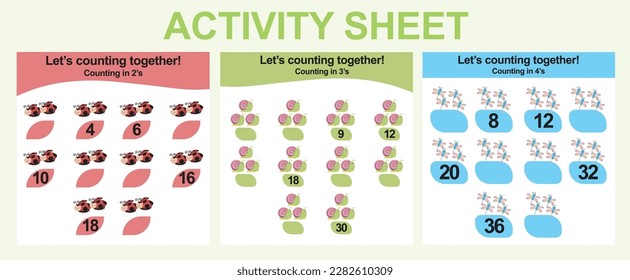 Activity sheet for children. 3 in 1 Educational printable worksheet. Count and write activity for kids. Vector illustrations.