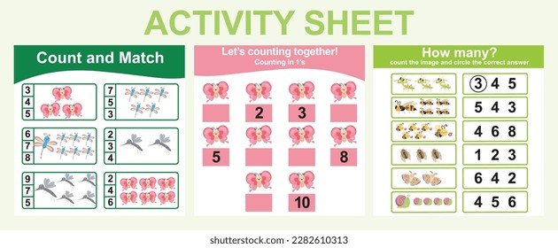 Activity sheet for children. 3 in 1 Educational printable worksheet. Count and write activity for kids. Vector illustrations.