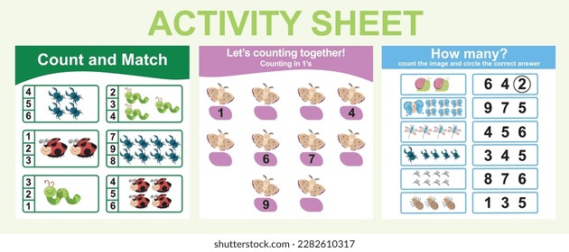 Hoja de actividades para niños. 3 en 1 Hoja de cálculo educativa imprimible. Contar y escribir actividades para los niños. Ilustraciones vectoriales.