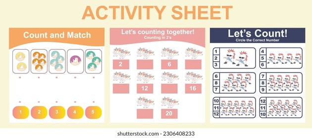 Activity sheet for children. 3 in 1 Educational printable worksheet. Mathematic worksheet for kids. Count and write activity for kids. Vector illustrations.