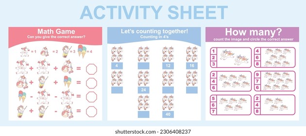 Activity sheet for children. 3 in 1 Educational printable worksheet. Mathematic worksheet for kids. Count and write activity for kids. Vector illustrations.