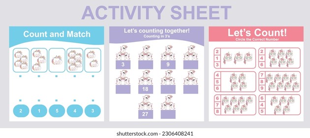 Hoja de actividades para niños. 3 en 1 Hoja de cálculo educativa imprimible. Hoja de cálculo matemática para niños. Contar y escribir actividades para los niños. Ilustraciones vectoriales.