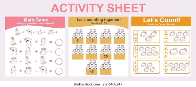 Activity sheet for children. 3 in 1 Educational printable worksheet. Mathematic worksheet for kids. Count and write activity for kids. Vector illustrations.