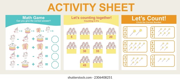Activity sheet for children. 3 in 1 Educational printable worksheet. Mathematic worksheet for kids. Count and write activity for kids. Vector illustrations.