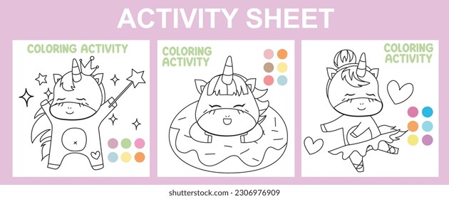 Activity sheet for children. 3 in 1 Educational printable worksheet. Coloring activity for kids. Coloring page with cute and kawaii unicorn theme. Vector illustrations.