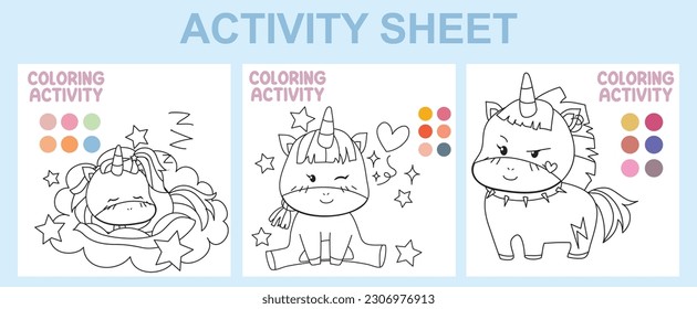 Activity sheet for children. 3 in 1 Educational printable worksheet. Coloring activity for kids. Coloring page with cute and kawaii unicorn theme. Vector illustrations.