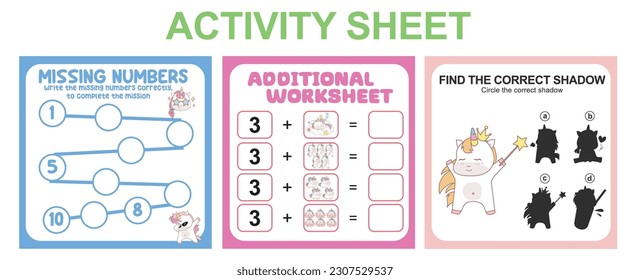 Hoja de actividades para niños. 3 en 1 Hoja de cálculo educativa imprimible. Faltan números, recuento de hojas de cálculo y hoja de cálculo de sombra coincidente. Ilustraciones vectoriales.