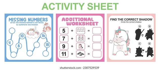 Activity sheet for children. 3 in 1 Educational printable worksheet. Missing numbers, counting worksheet and matching shadow worksheet. Vector illustrations.