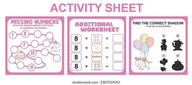 Hoja de actividades para niños. 3 en 1 Hoja de cálculo educativa imprimible. Faltan números, recuento de hojas de cálculo y hoja de cálculo de sombra coincidente. Ilustraciones vectoriales.